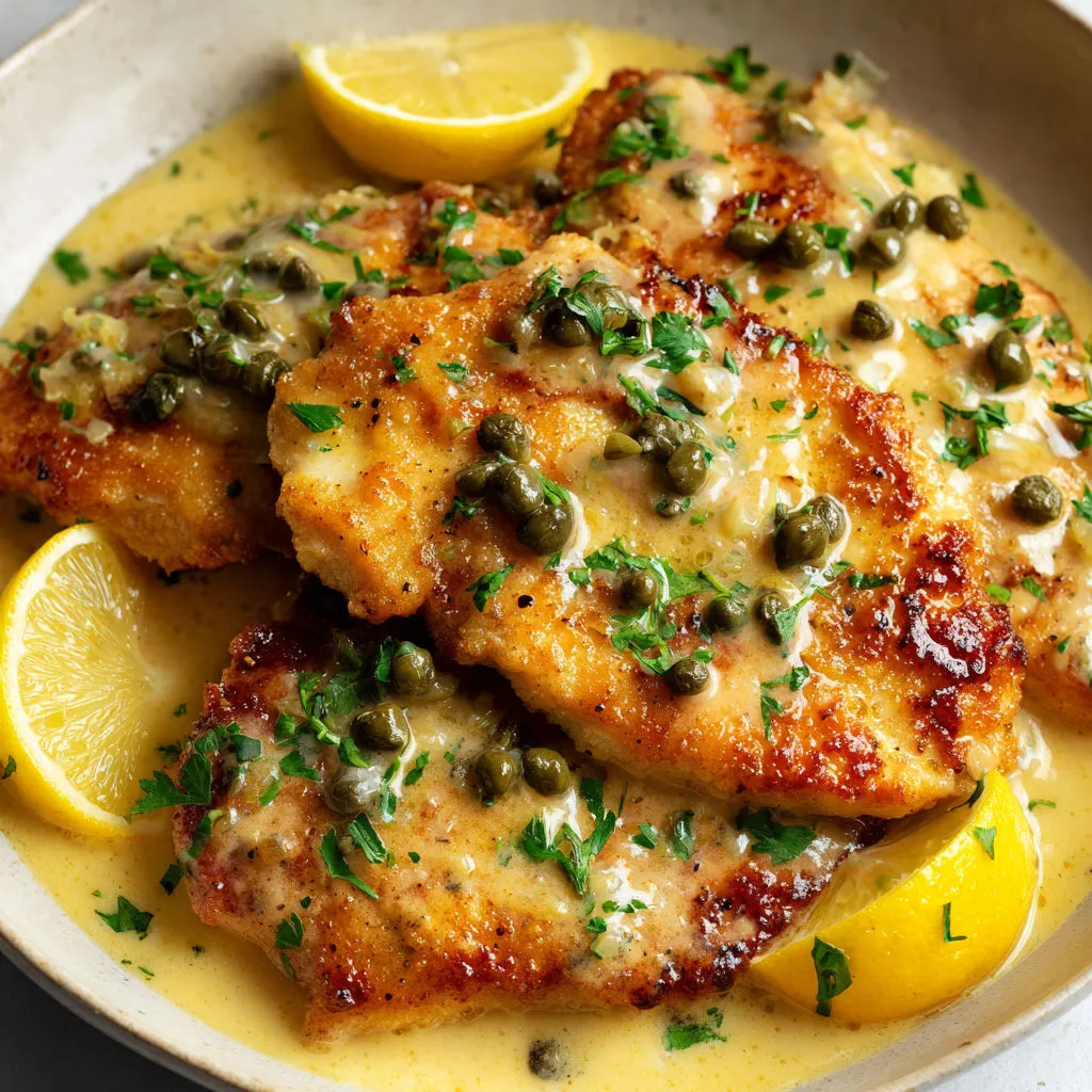 Poulet au citron avec câpres baignant dans une sauce onctueuse.