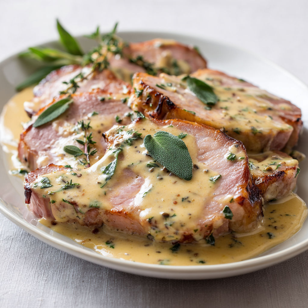 Viande poêlée nappée de sauce aux herbes et pesto.