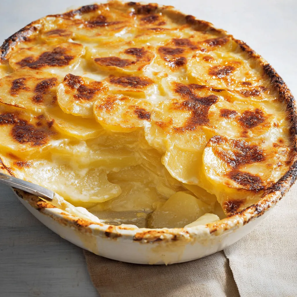 Une part de tarte aux pommes dorée, avec crème fondante et pommes caramélisées dans un bol en terre cuite.