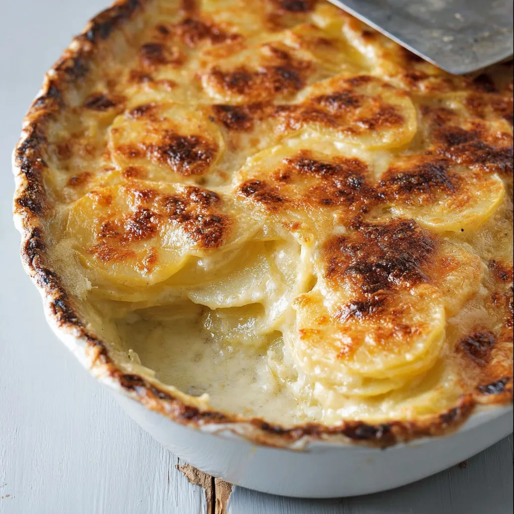 Une part de tarte aux pommes bien dorée, une cuillère en argent prête à servir.