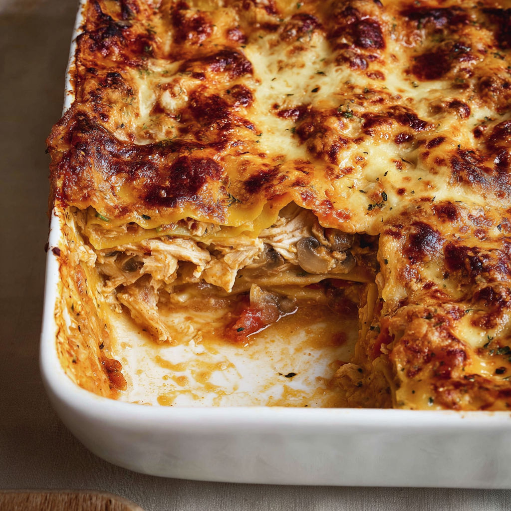 Une généreuse portion de lasagne cacciatore présentée dans un plat en verre.