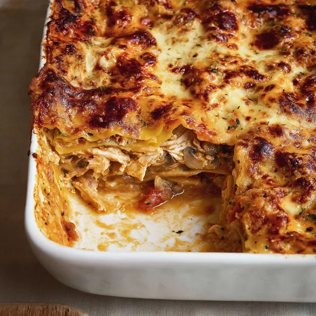 Une généreuse portion de lasagne cacciatore présentée dans un plat en verre.
