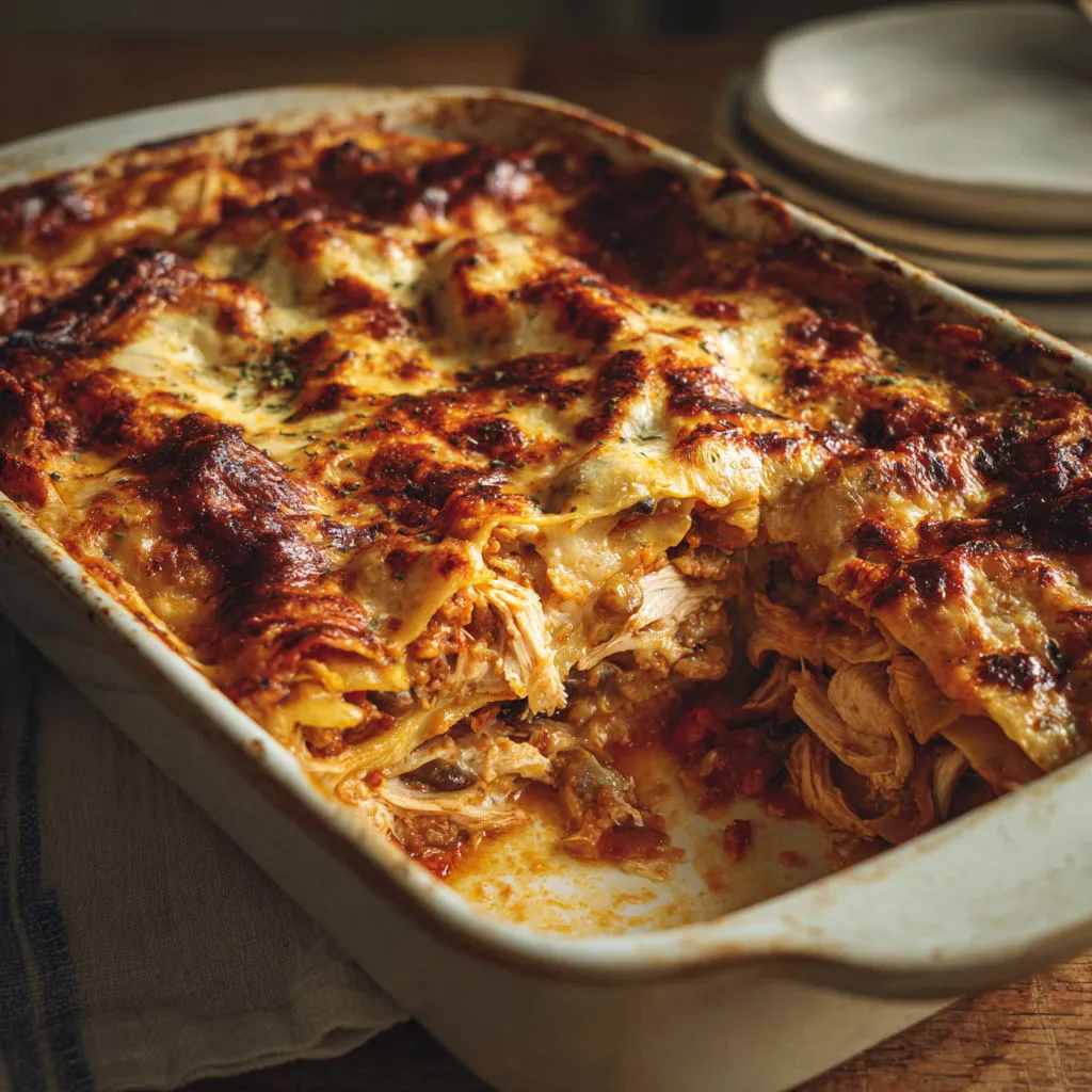 Plat à gratin avec poulet et bacon juste sorti du four.