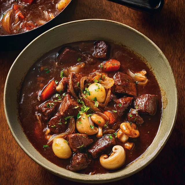 Plat de bourguignon de boeuf sur une table servie.