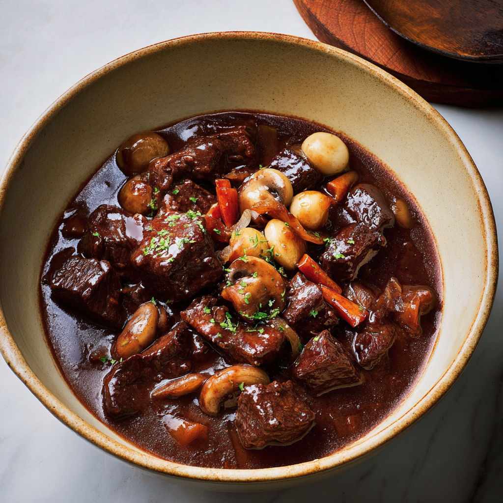 Un plat mijoté avec bœuf, champignons et carottes.