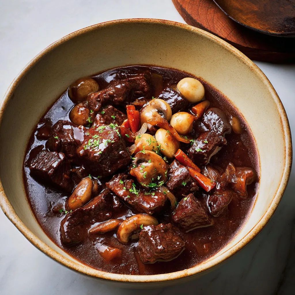 Un plat mijoté avec bœuf, champignons et carottes.