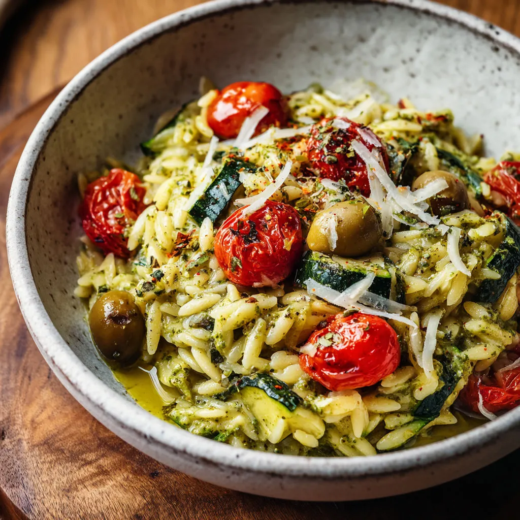 Bol d’orzo pesto et courgettes crémeux.