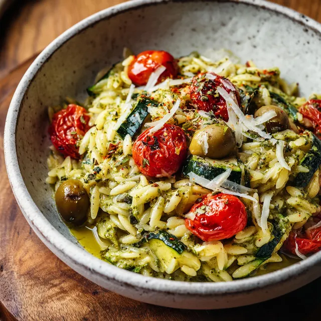 Bol d’orzo pesto et courgettes crémeux.