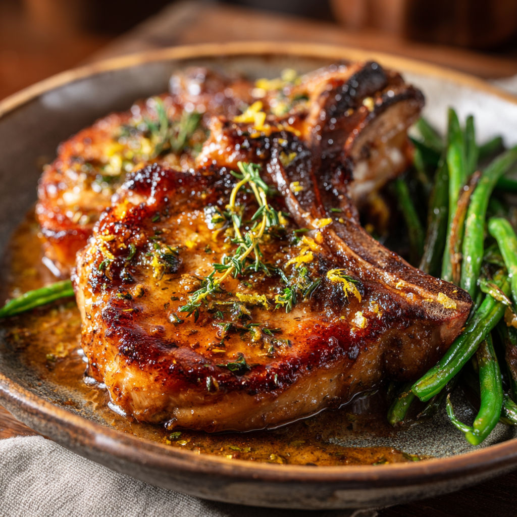 Côtelettes de porc dorées au citron et thym accompagnées de légumes verts croquants.