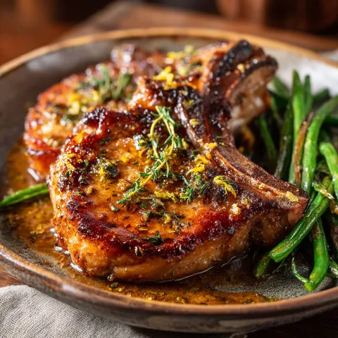 Côtelettes de porc dorées au citron et thym accompagnées de légumes verts croquants.