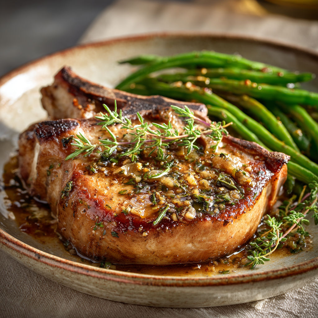 Un morceau de viande doré avec des épices et des légumes verts.