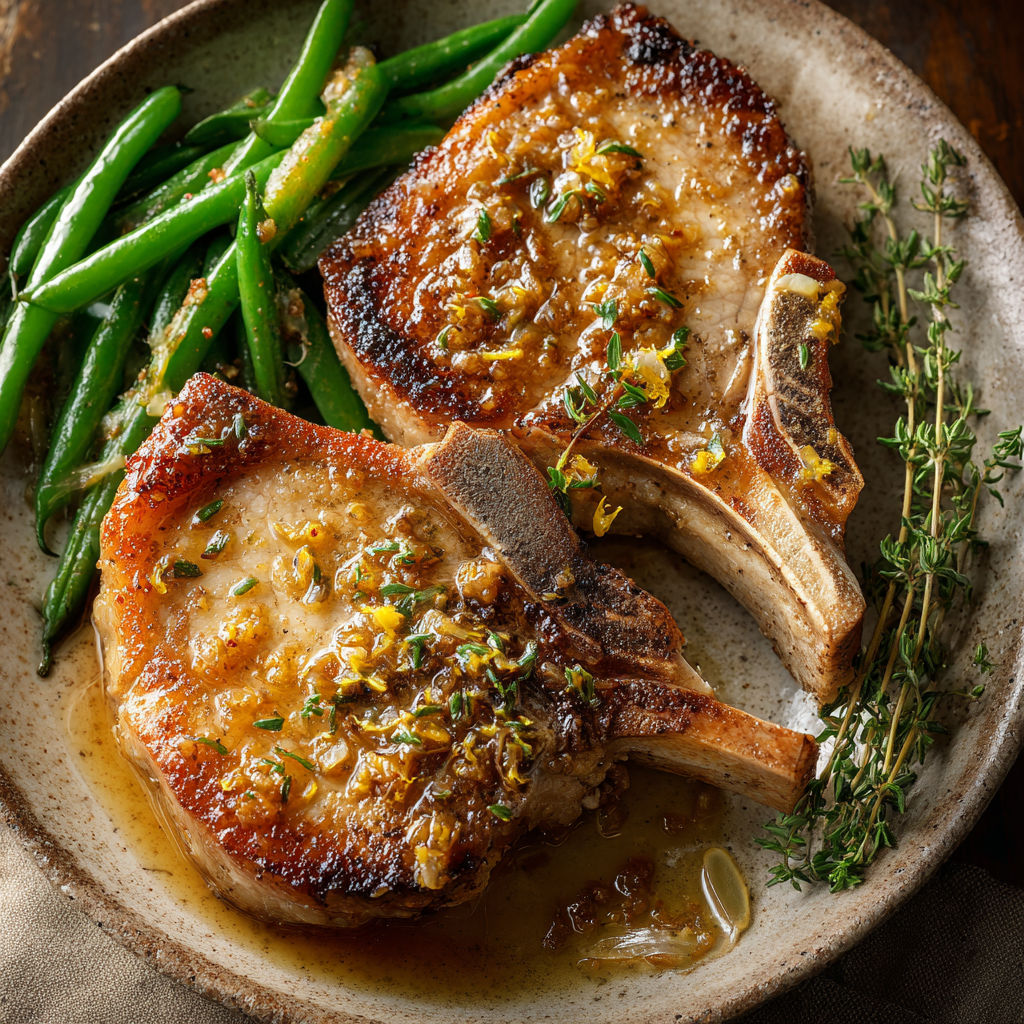 Quelques morceaux de porc grillés, autour de légumes verts et d’herbes fraîches.