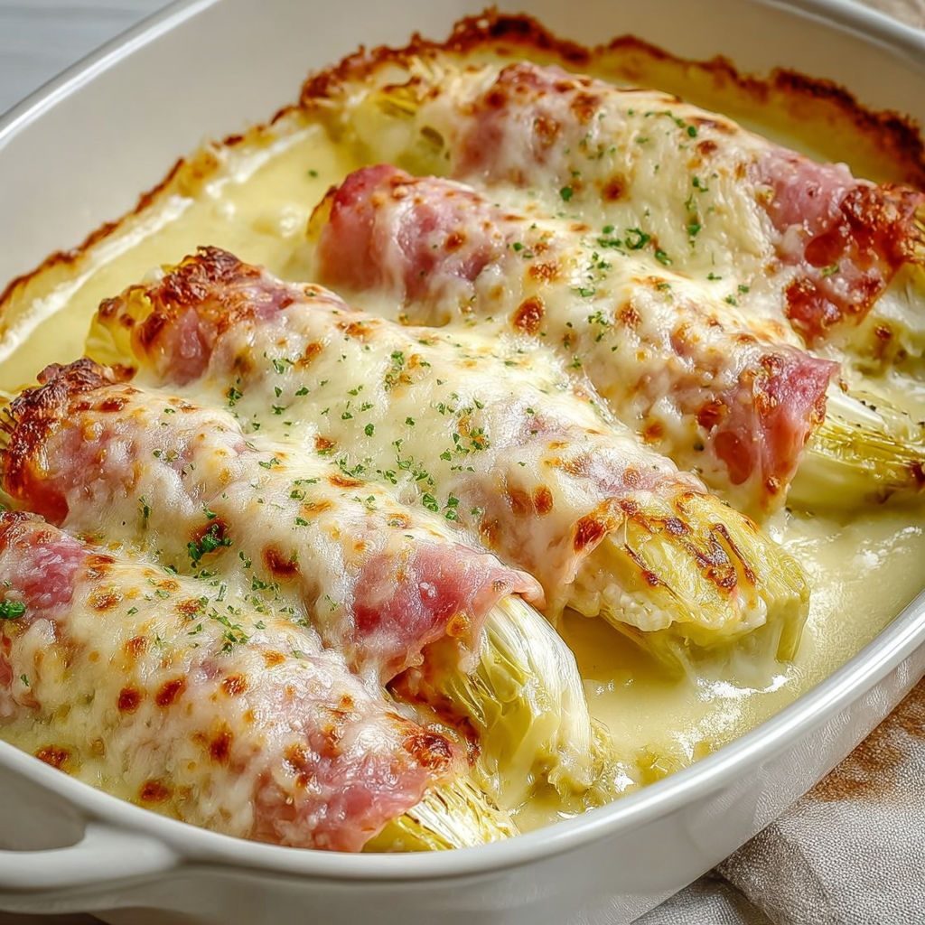 Gratin d'endives enroulées de jambon et nappées de béchamel.