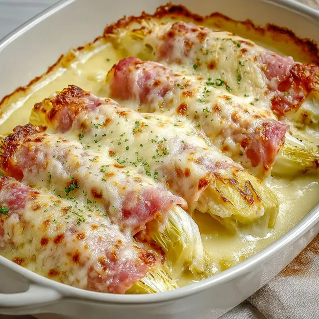 Gratin d'endives enroulées de jambon et nappées de béchamel.