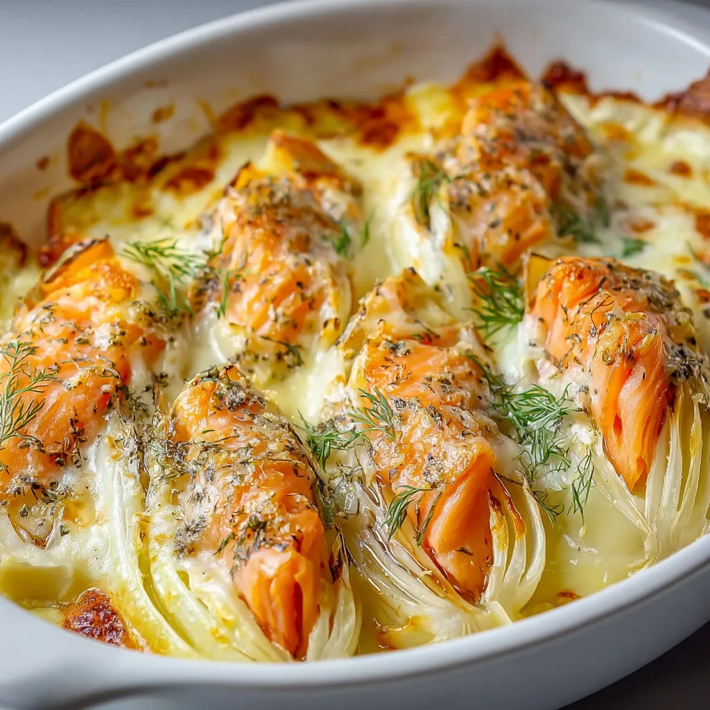 Des endives fondantes au saumon fumé, crème fraîche citronnée et fromage gratiné, servies dans un bol blanc.