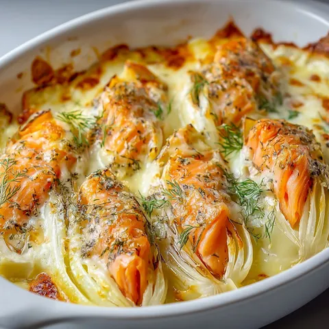 Des endives fondantes au saumon fumé, crème fraîche citronnée et fromage gratiné, servies dans un bol blanc.