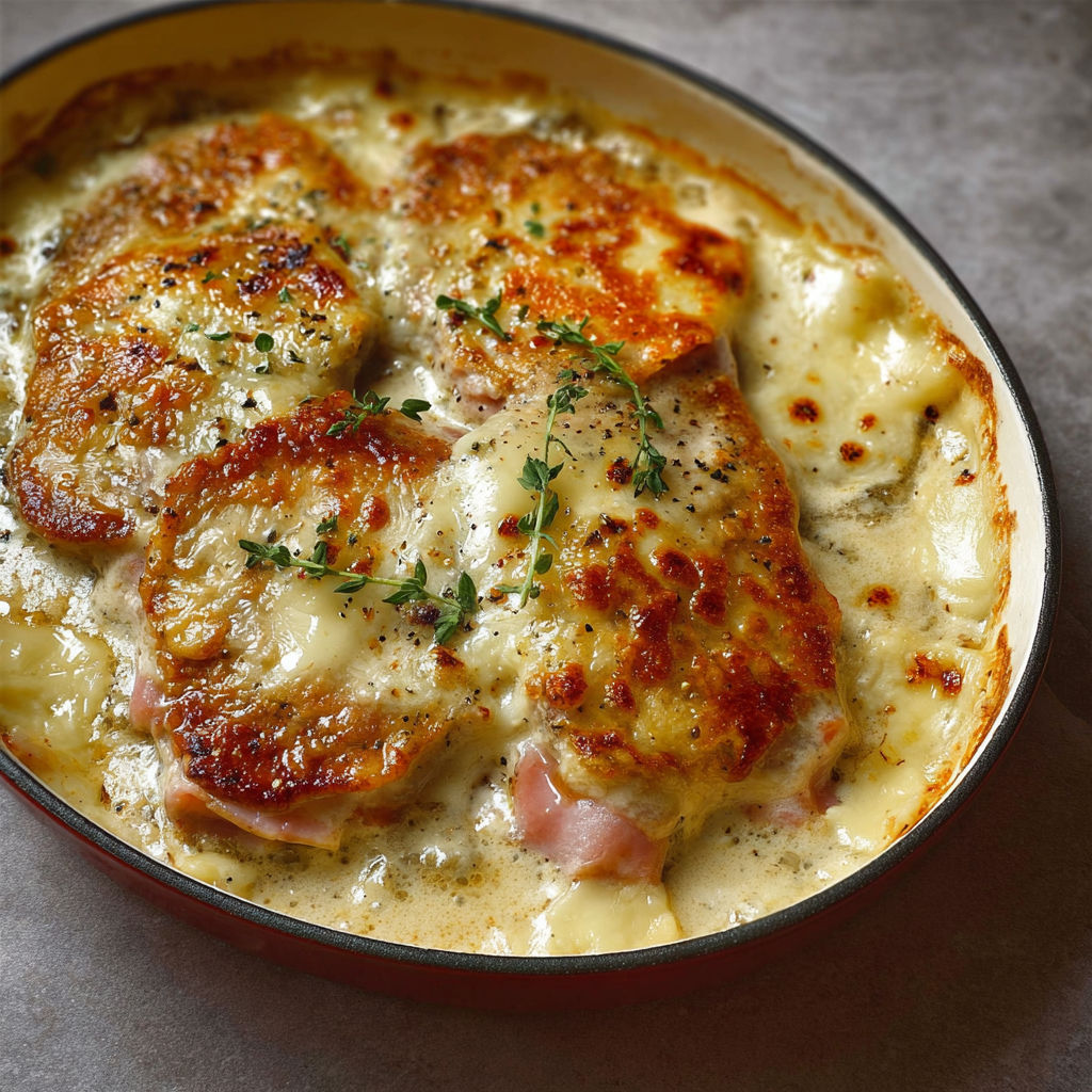 Un gratin d'escalope avec du reblochon savoureux et fondant.