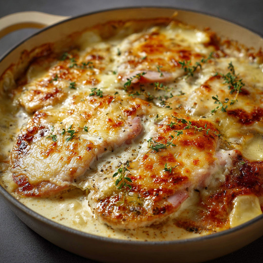Une escalope gratinée bien chaude servie dans un bol métallique.