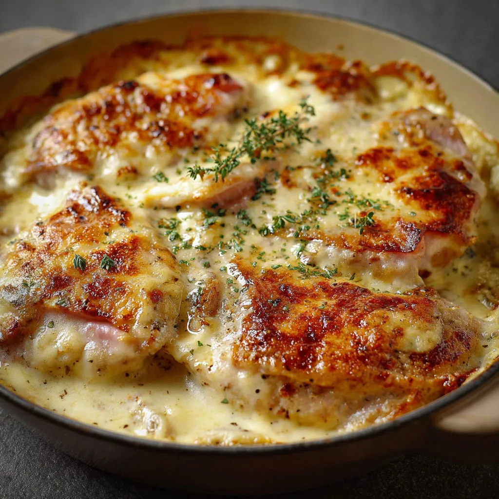 Escalope gratinée couverte de reblochon bien doré à la sortie du four