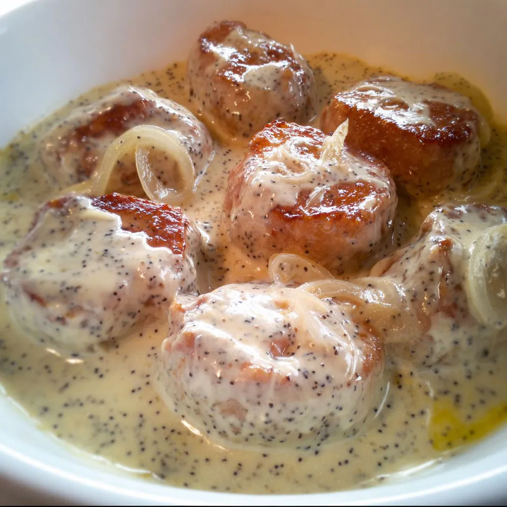 Des paupiettes de porc nappées d'une sauce crémeuse servies dans un bol.