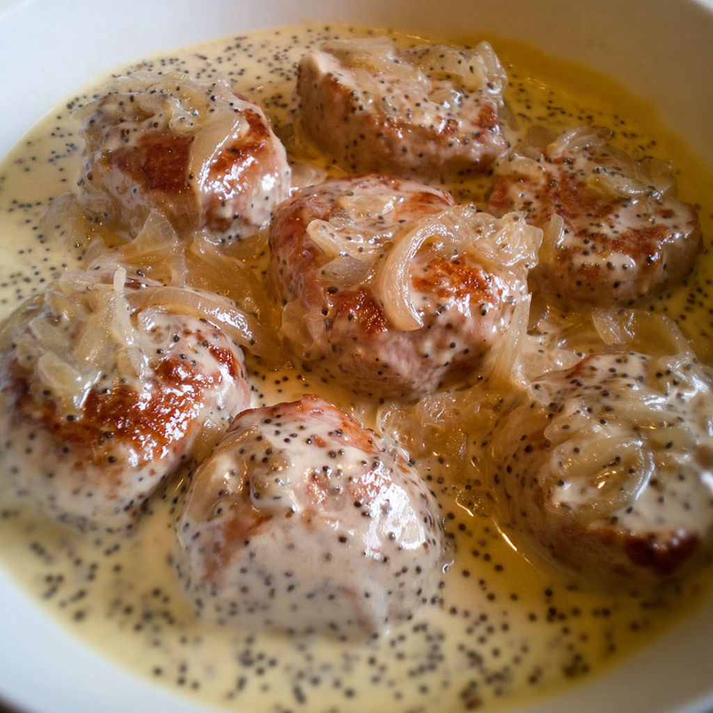 Paupiettes de porc dans une sauce onctueuse, accompagnées de pommes de terre et de compote.