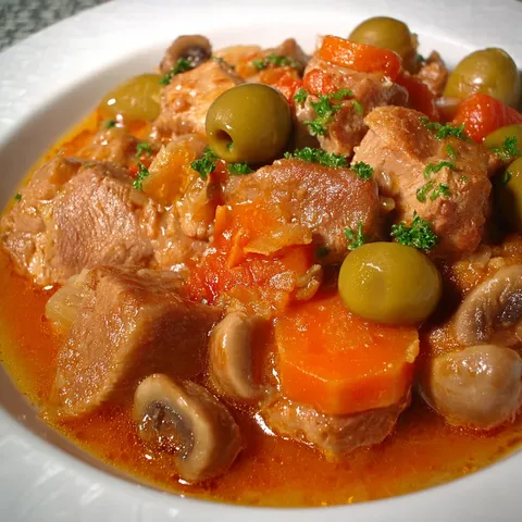 Un plat de porc mijoté servi avec des légumes.