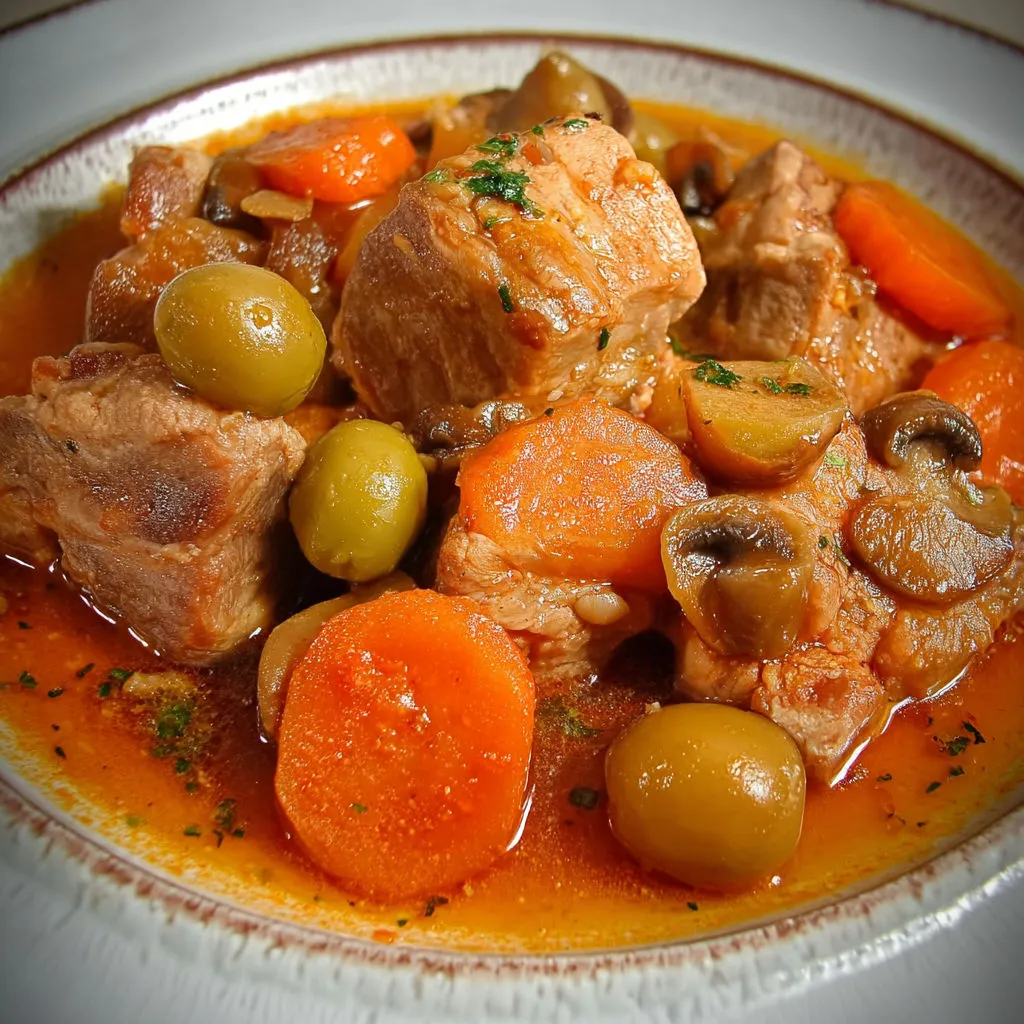 Cocotte mijotée avec viande, carottes et olives.