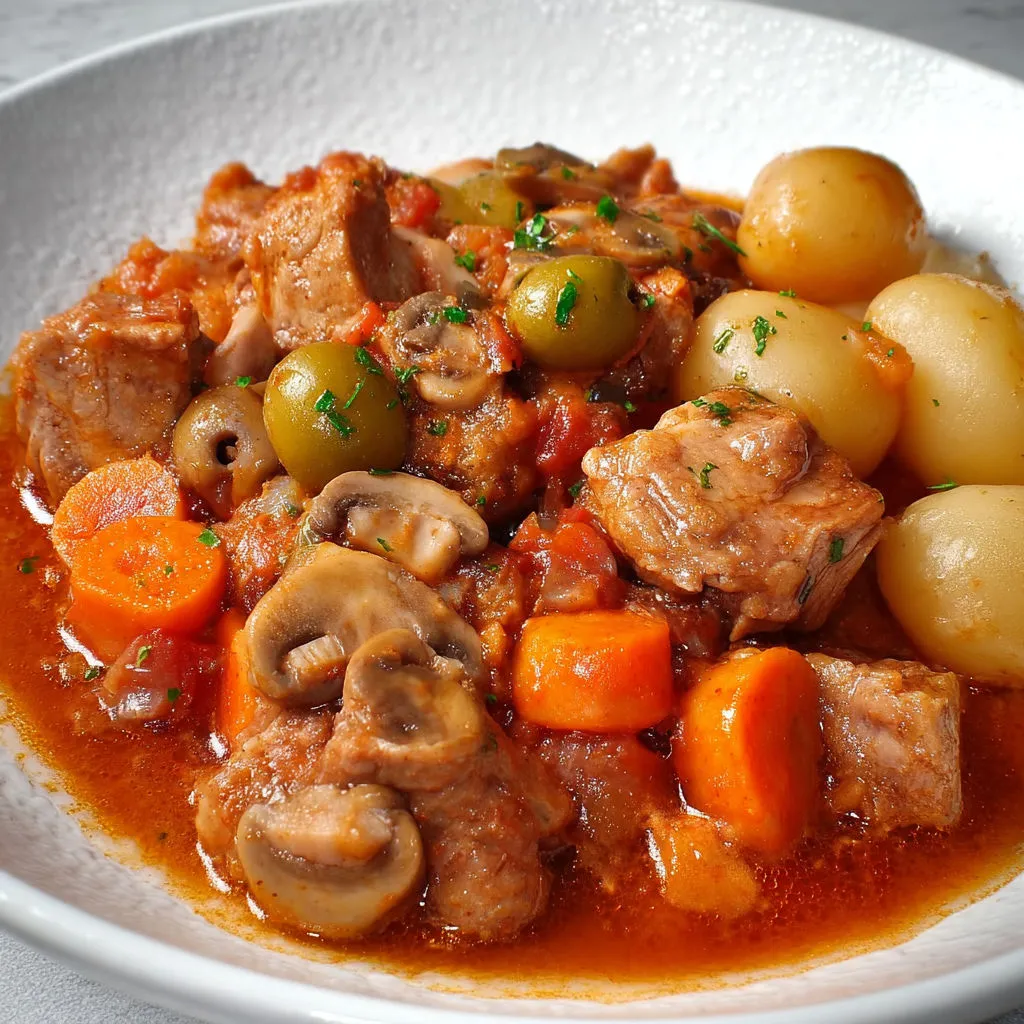 Cocotte de viande mijotée avec carottes, champignons et olives.