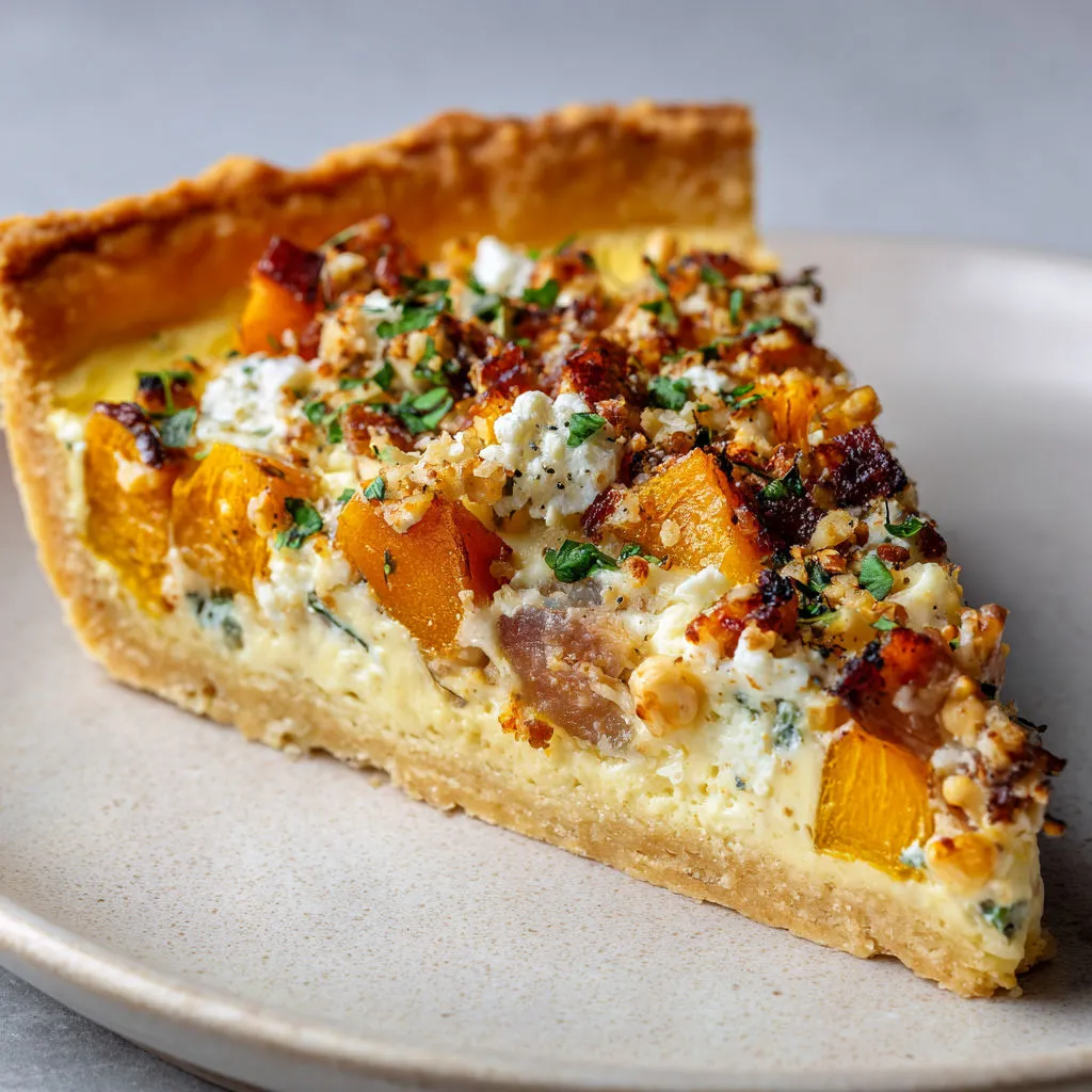 Une tarte gourmande avec courge, chèvre, lardons et noisettes, prête à être dégustée.