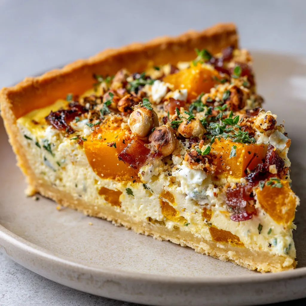 Une tarte aux fruits et fromage, avec des noix et des herbes, est servie sur un plateau.