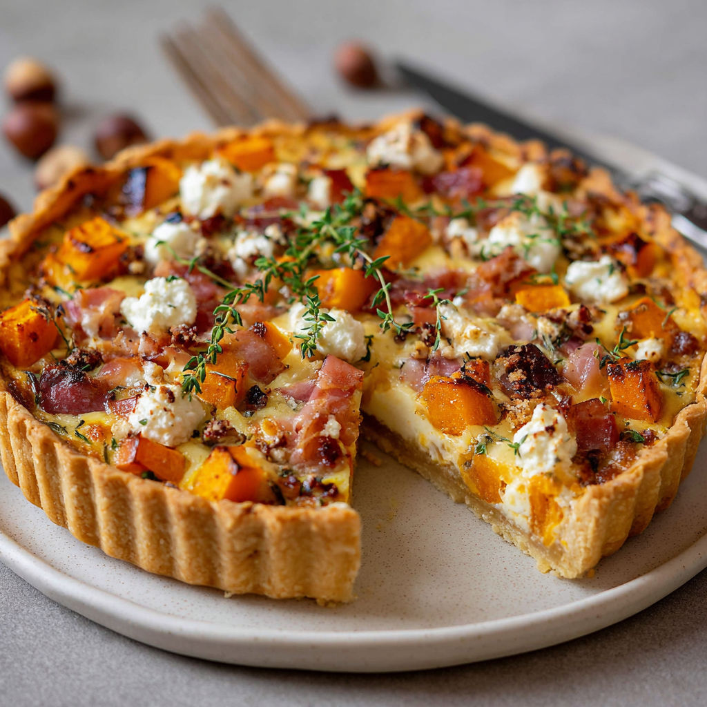 Une tarte aux pommes et fromage, avec des épinards et des noix, est servie sur un plateau.