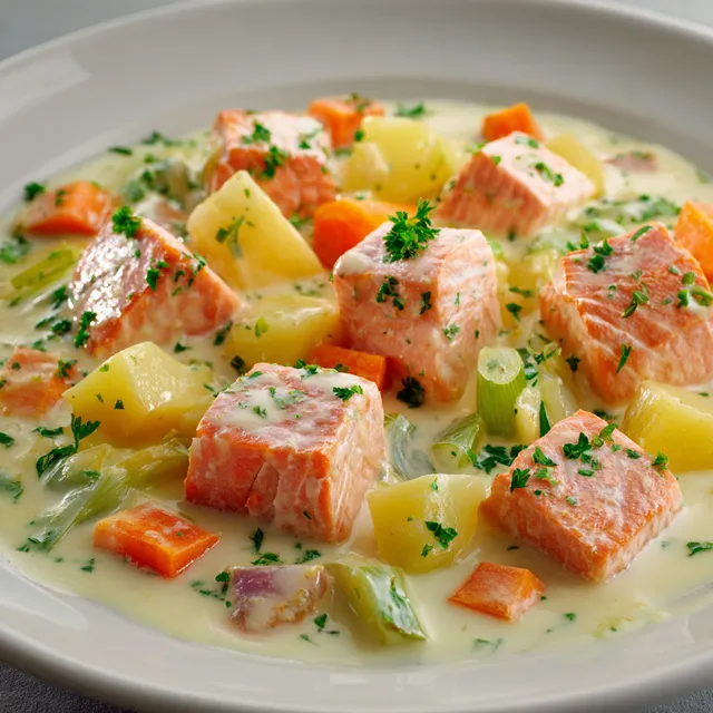 Carottes et poireaux servis avec une blanquette de saumon fondante.