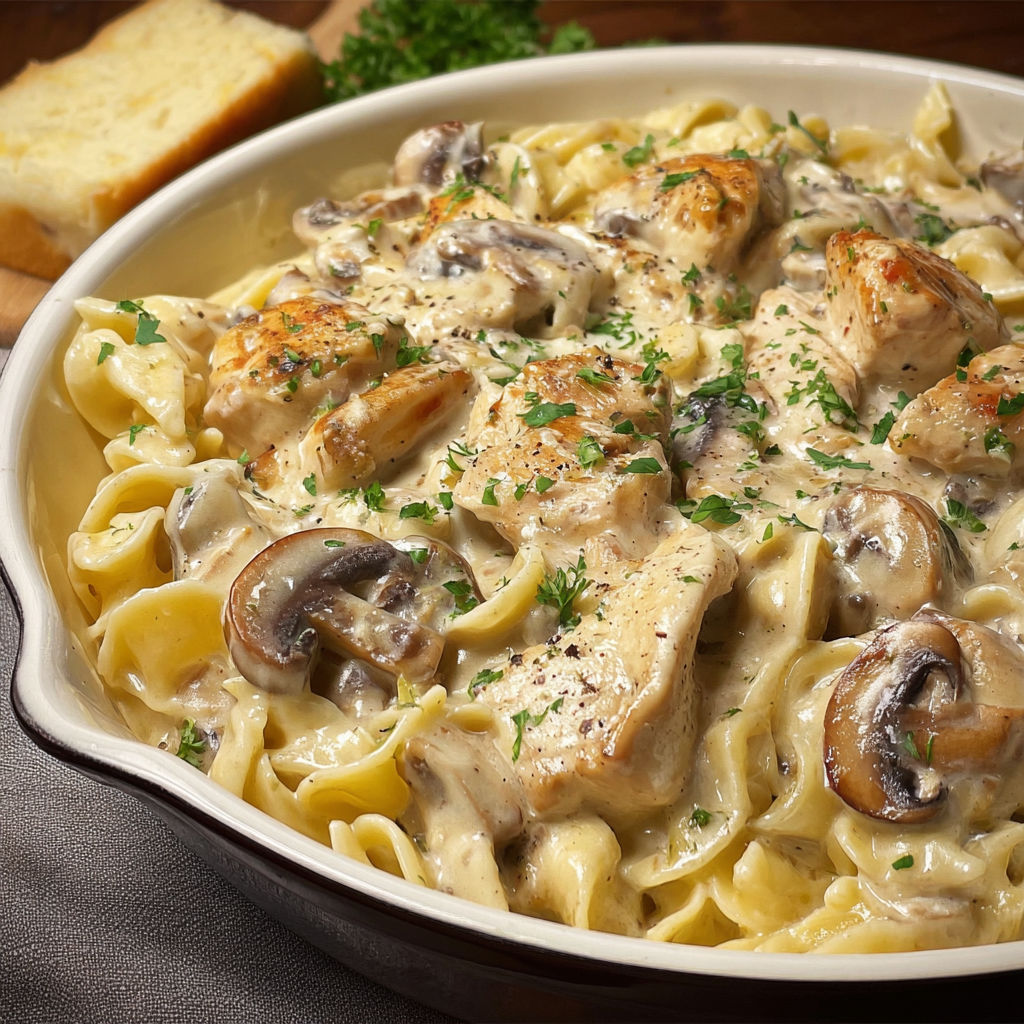 Assiette de pâtes au poulet avec une sauce crémeuse et des champignons dorés, accompagnée de pain et d'herbes fraîches.