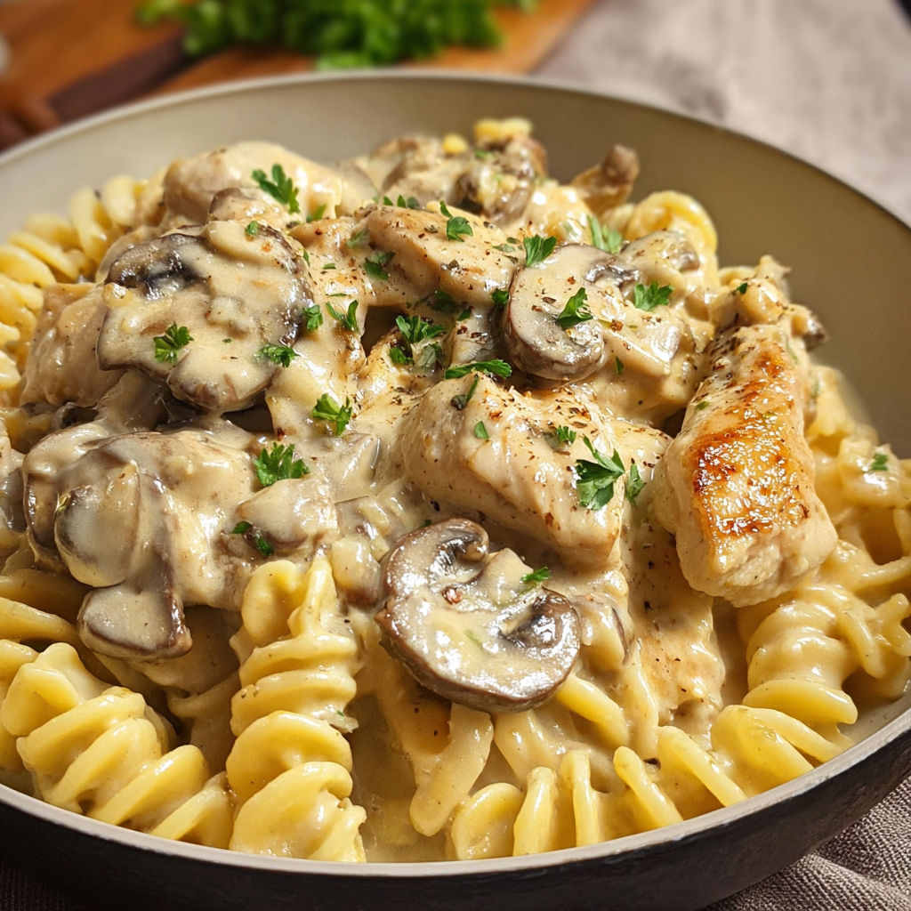 Macaronis crémeux au poulet et champignons bien dorés.