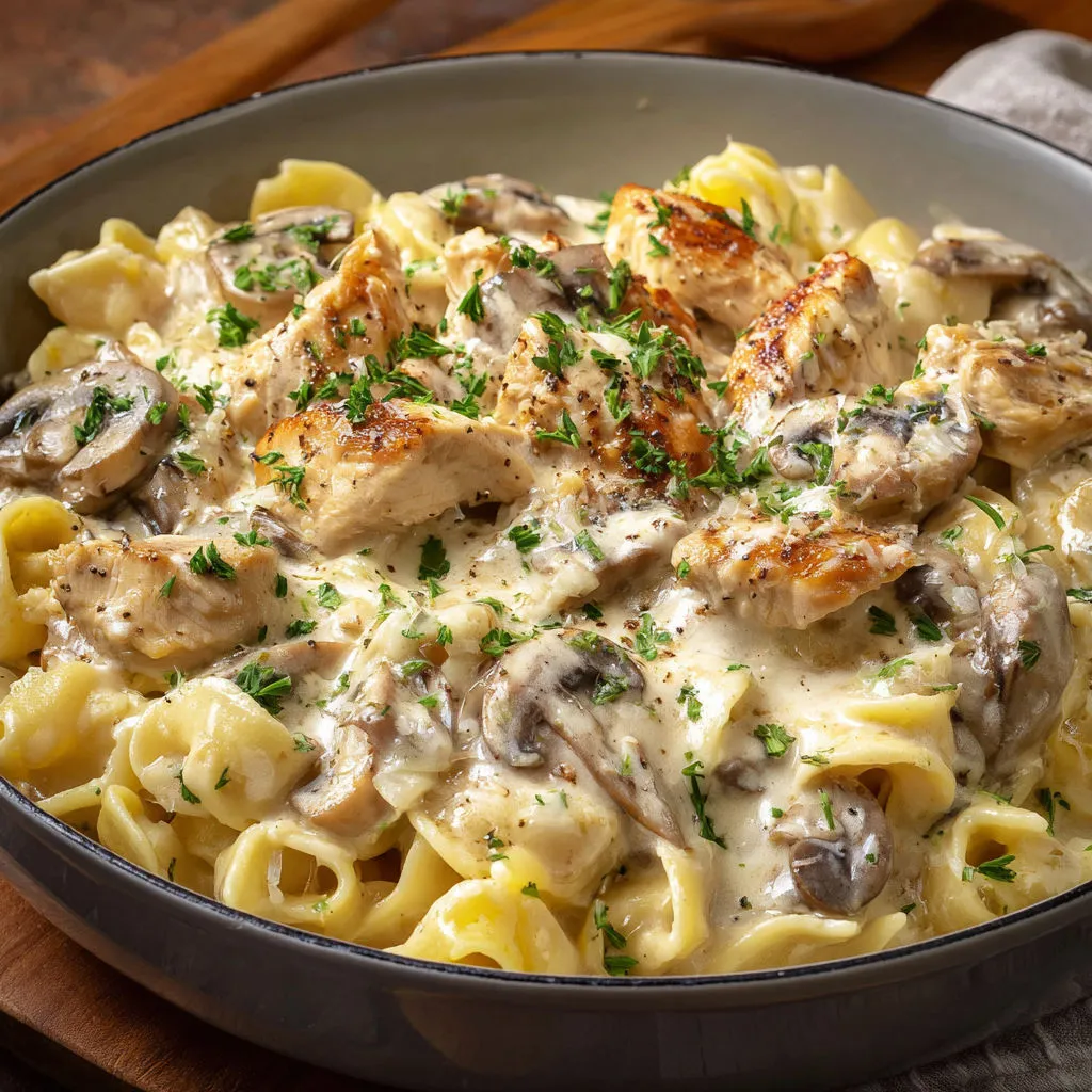 Bol de macaronis au poulet et champignons dorés sur la table.
