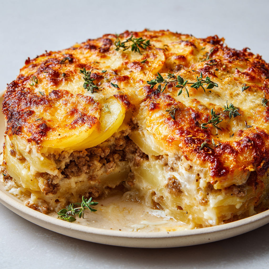 Plat rustique à base de viande et pommes de terre gratinées, servi avec style.