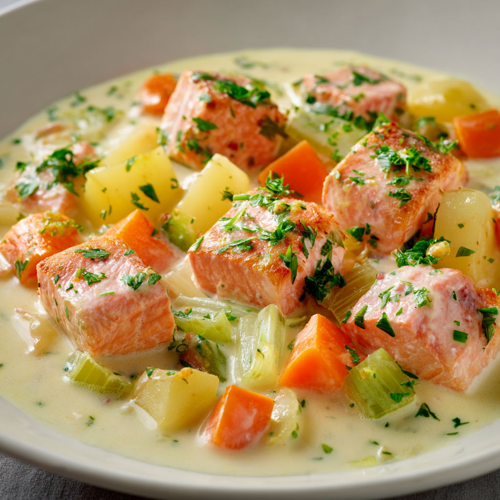 Une soupe marine avec plein de légumes et des morceaux de poisson.