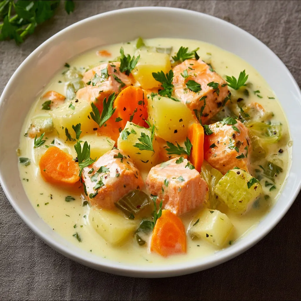 Une soupe gourmande avec poisson, carottes, pommes de terre et légumes verts.
