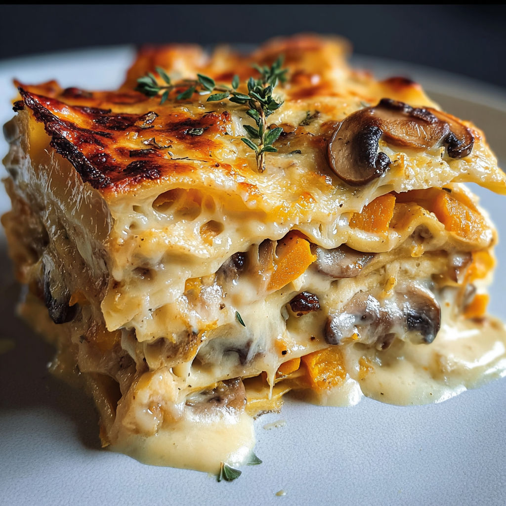 Lasagnes courge avec champignons et fromage doré au four, le tout rehaussé d’herbes fraîches.