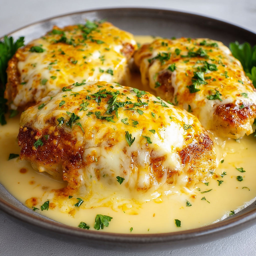 Poulet tendre gratiné à la moutarde et fromage avec des herbes fraîches.