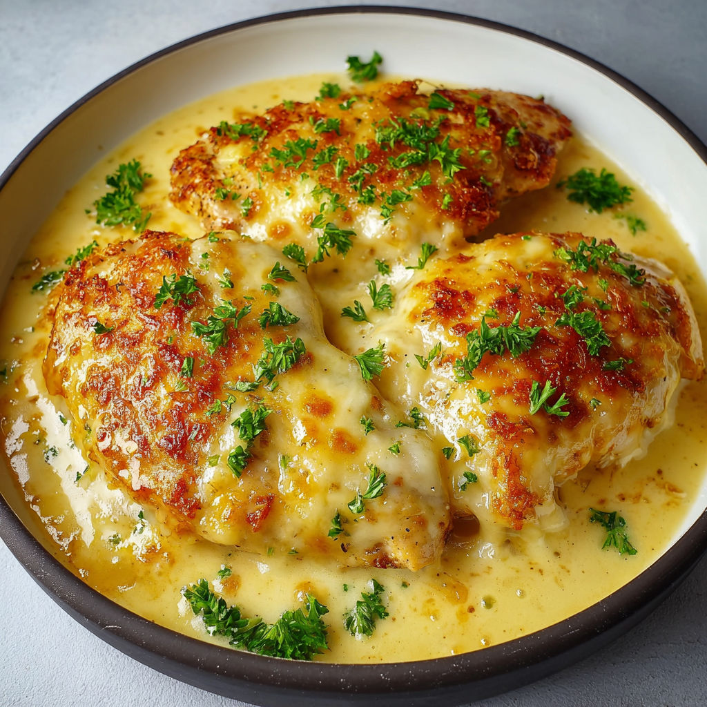 Un plat de poulet nappé d’une sauce crémeuse au pesto, parsemé d’herbes fraîches et entouré de légumes, servi dans un bol.