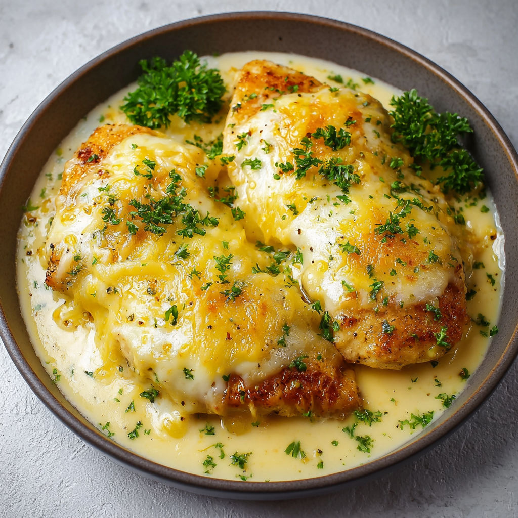 Plat de poulet en sauce fromage et herbes, servi dans un bol convivial.