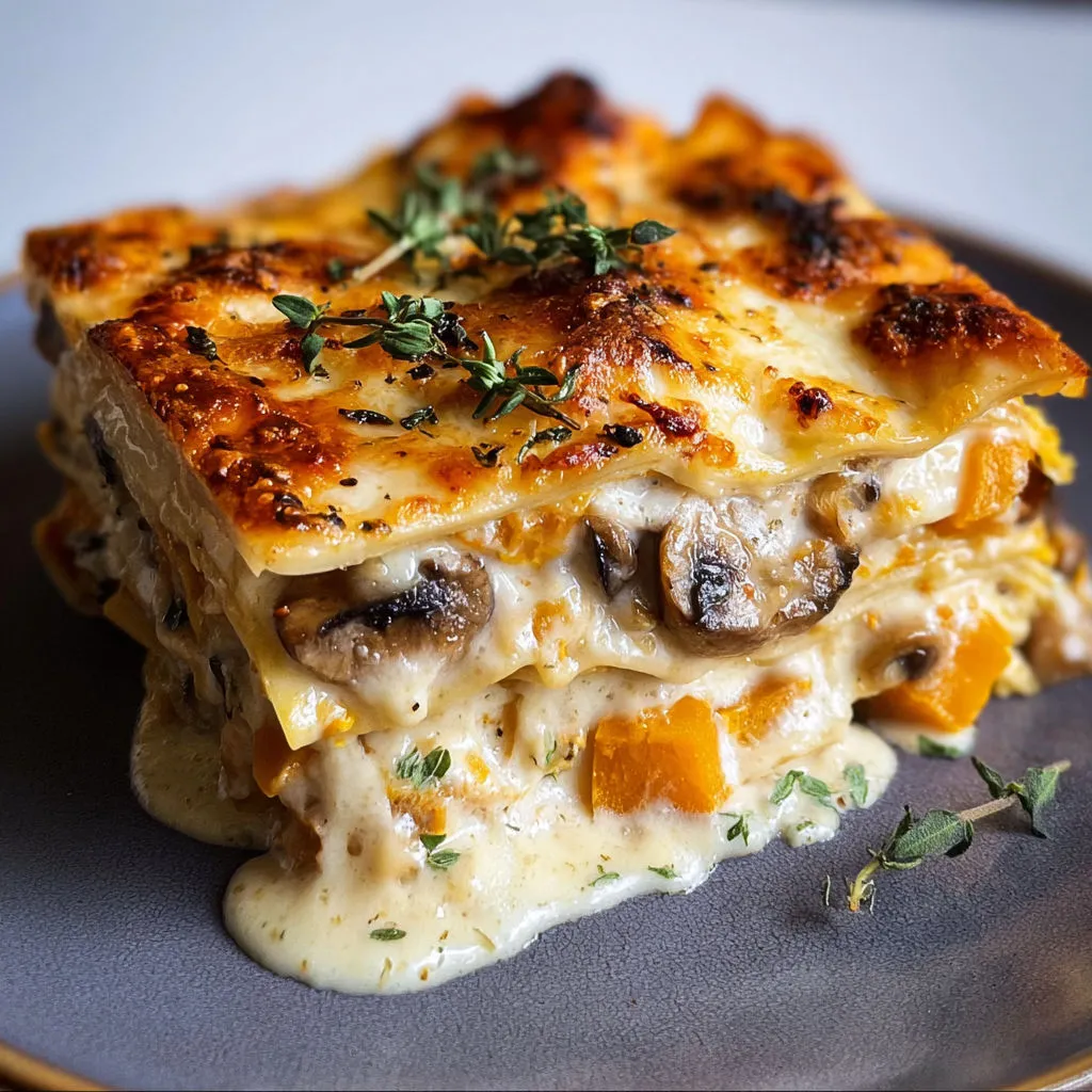 Tarte champignons et citron posée sur plateau, nappée de sa sauce au beurre et parsemée d’herbes fraîches.