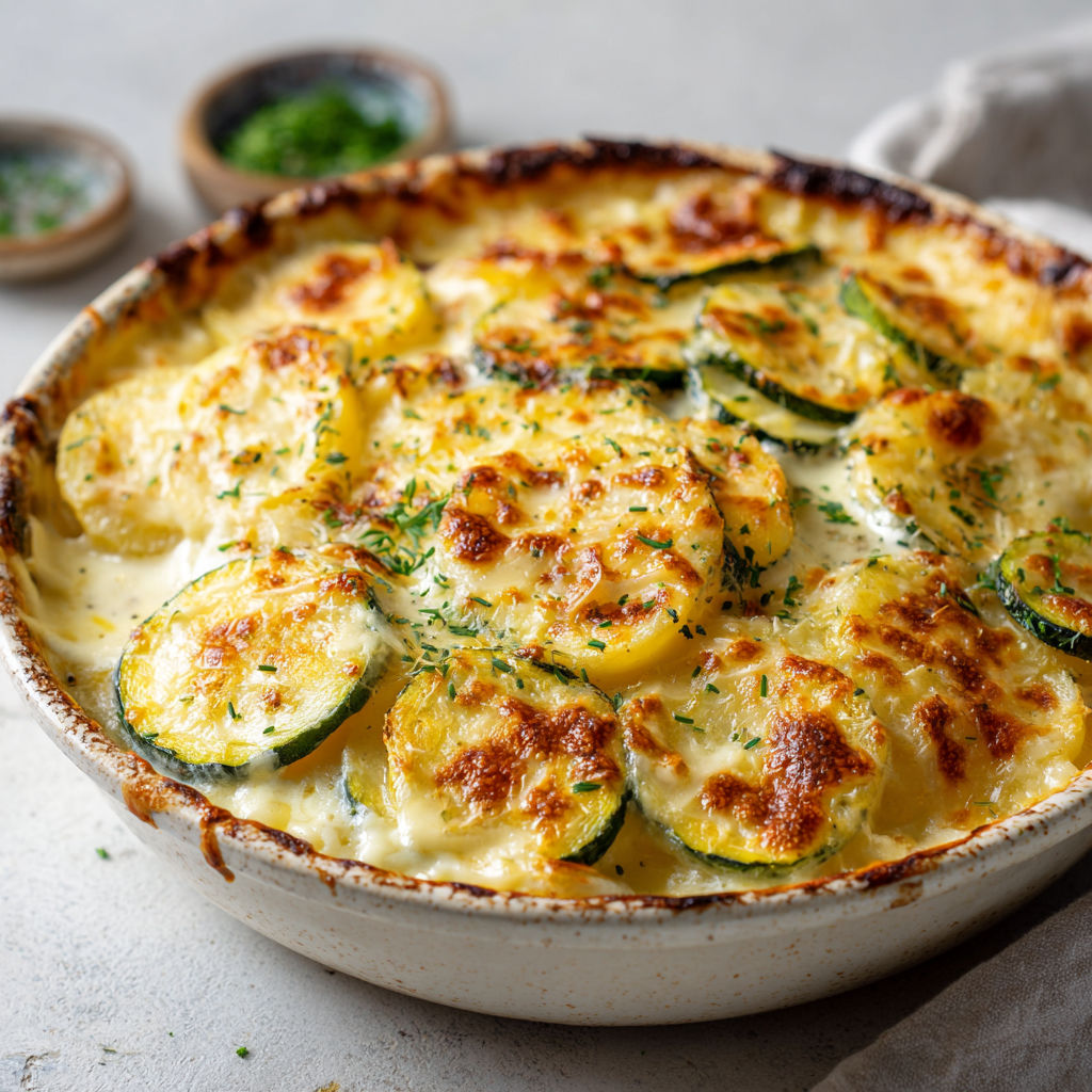 Un gratin savoureux aux courgettes dans un bol rustique en céramique.