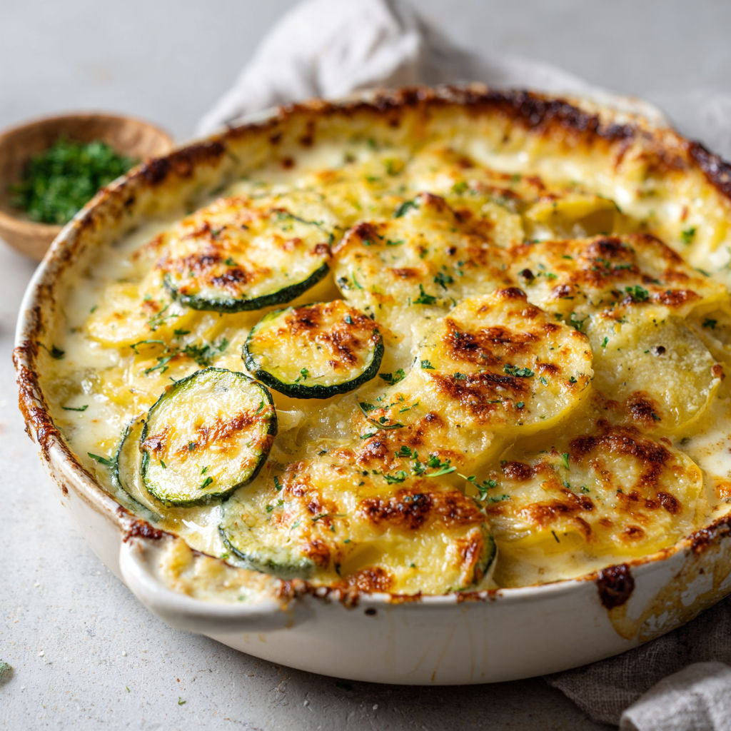 Une tarte citron-courgette avec beaucoup de fromage fondu et quelques herbes fraîches, servie dans un bol en porcelaine blanche.