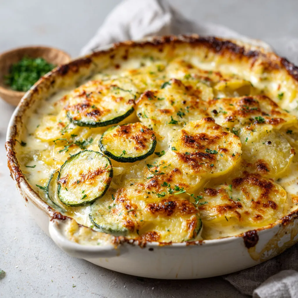 Une tarte citron-courgette avec beaucoup de fromage fondu et quelques herbes fraîches, servie dans un bol en porcelaine blanche.