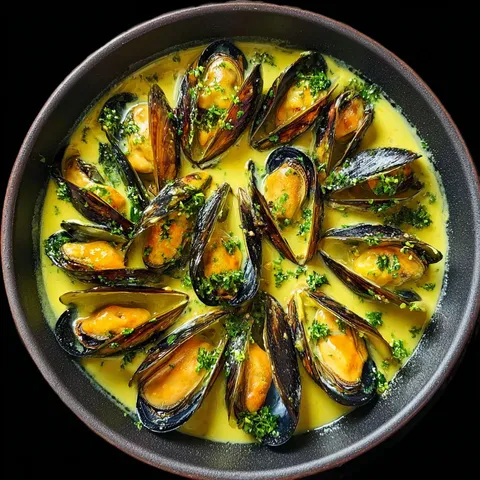 Plat traditionnel de moules charentaises en sauce, avec des herbes fraîches.