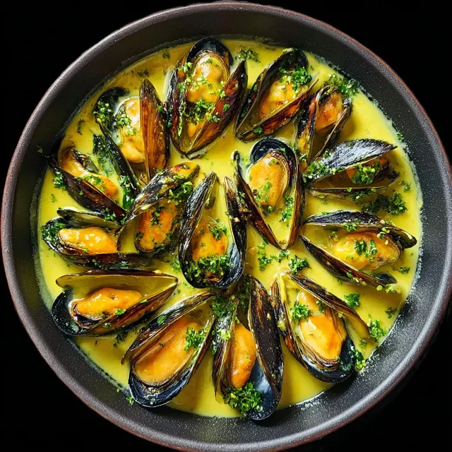 Plat traditionnel de moules charentaises en sauce, avec des herbes fraîches.