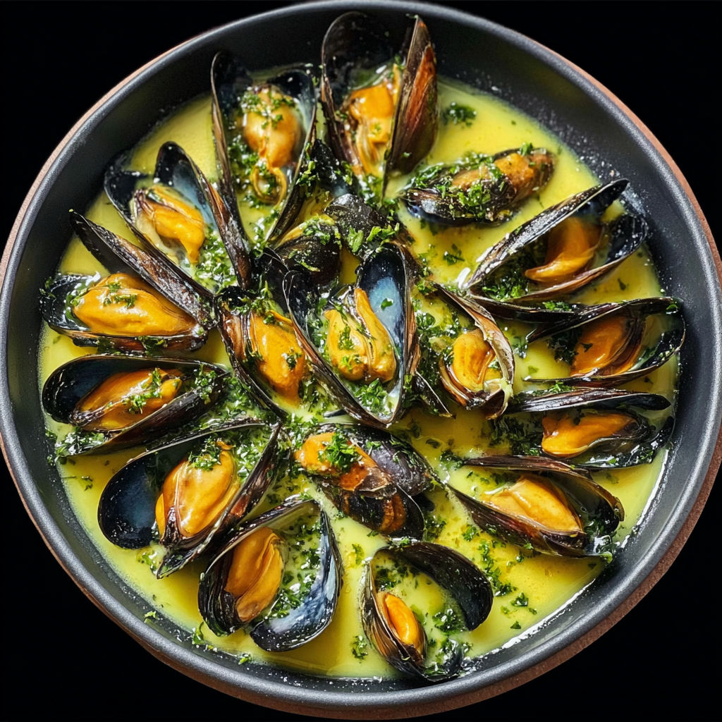 Des coquilles Saint-Jacques posées sur un lit d’herbes et de légumes, prêtes à manger.