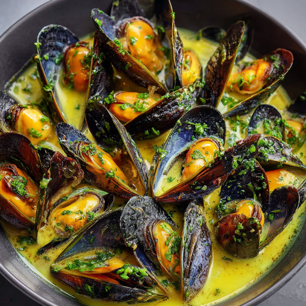 Des moules nappées d’une sauce aux herbes fraîches, servies dans une grande assiette.